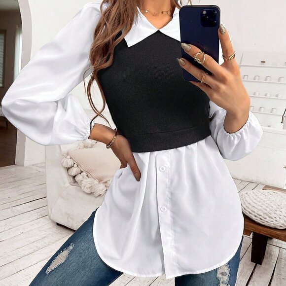 . Tops - Black and White Casual Womens Colorblock Lantern Sleeve 2 In 1 Top